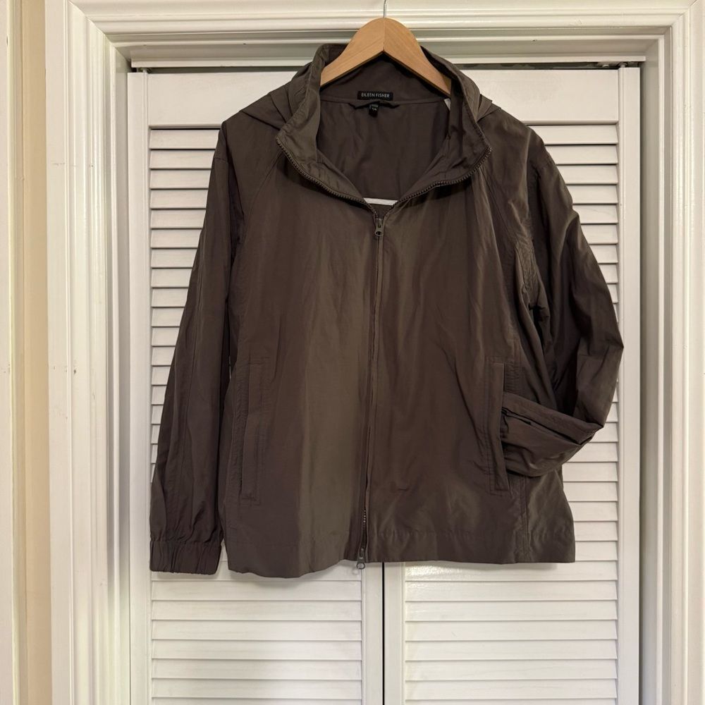Eileen Fisher Taupe/Gray Hooded Windbreaker Swing Jacket